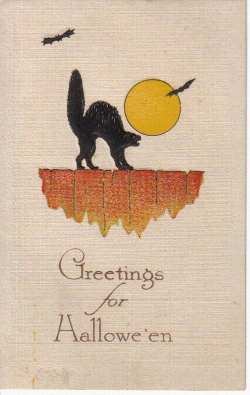 Vintage Halloween Black Cat Moon Greeting Card, Early 1900s