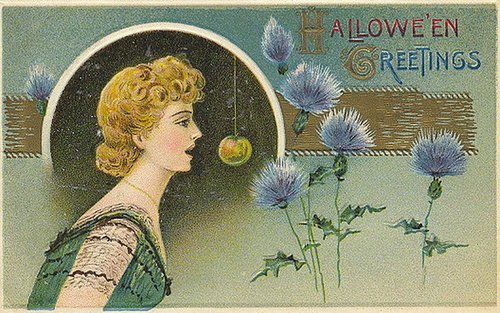 Halloween Greetings Art Nouveau Card Blonde Woman Blue Thistle