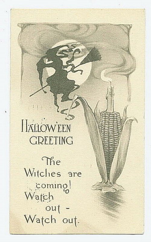 Vintage Halloween Greeting Card with Witch and Corn 1920s
