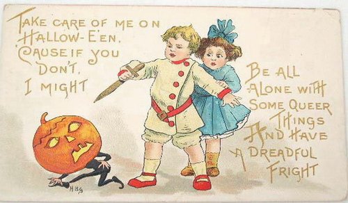 Vintage Halloween Greeting Card with Children and Jack-o'-Lantern