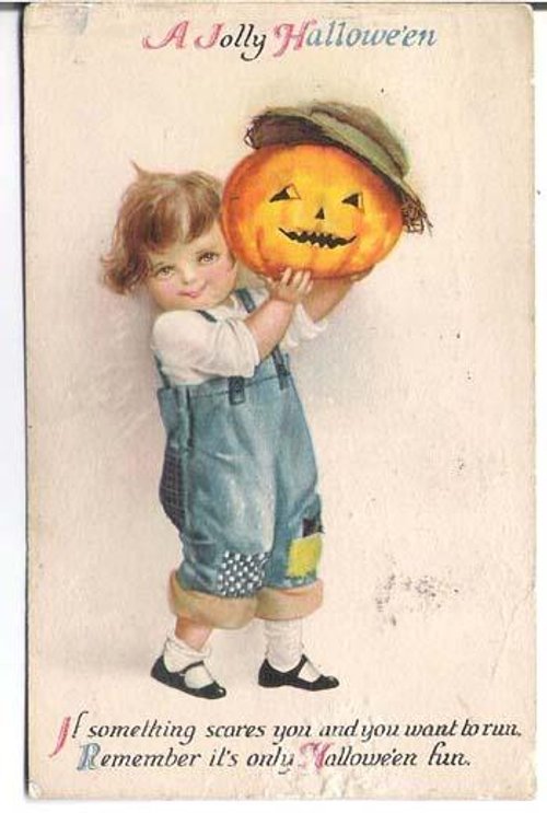 Jolly Halloween Vintage Greeting Card with Child & Jack-o'-Lantern