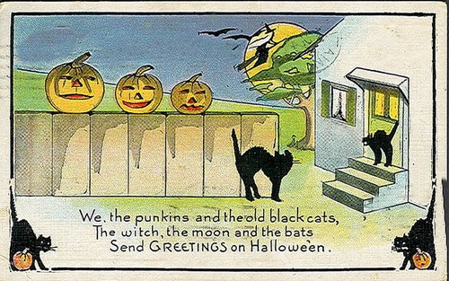 Vintage Halloween Greeting Card with Pumpkins, Black Cat & Witch