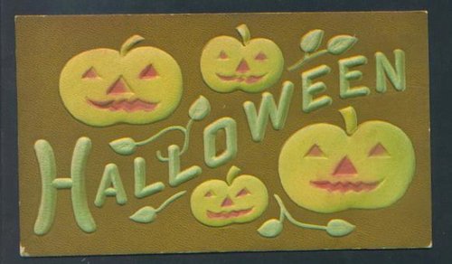 Vintage Halloween Greeting Card Jack-o-Lantern Pumpkins Gold