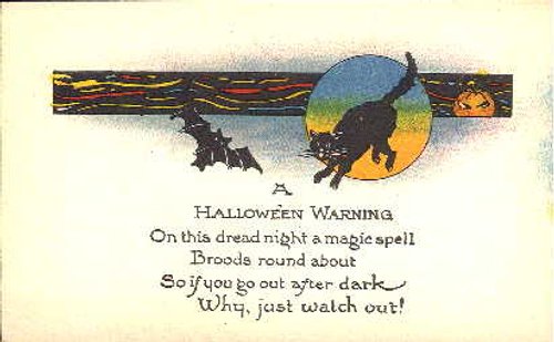 Vintage Halloween Warning Card with Black Cat and Moon