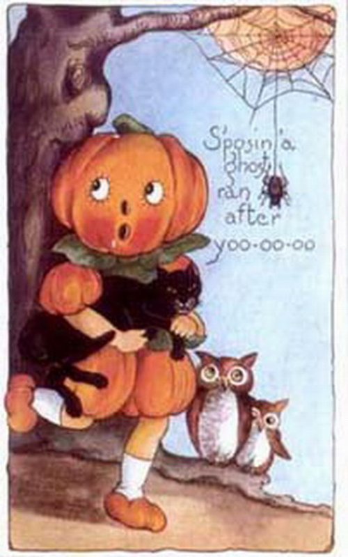 Vintage Halloween Pumpkin Head Greeting Card with Owls