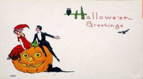 Vintage Halloween Greetings Card with Jack-O'-Lantern & Figures