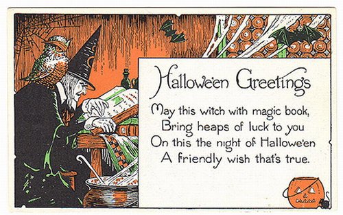 Vintage Halloween Greetings Card with Witch & Magic Book