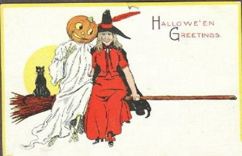 Vintage Halloween Greetings Card with Witch and Ghost