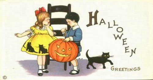 Vintage Halloween Greeting Card Children Jack-o-Lantern Black Cat