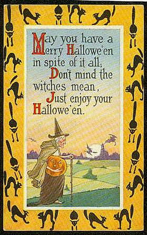 Vintage Halloween Greeting Card with Witch & Pumpkin, Early 1900s