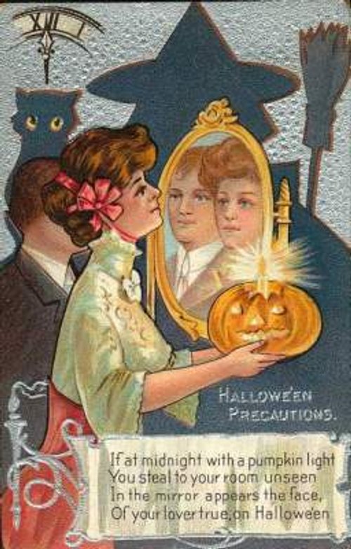 Vintage Halloween Greeting Card with Witch, Pumpkin & Magic Mirror