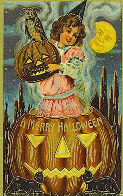 Victorian Halloween Greeting Card with Child & Jack-o'-Lantern
