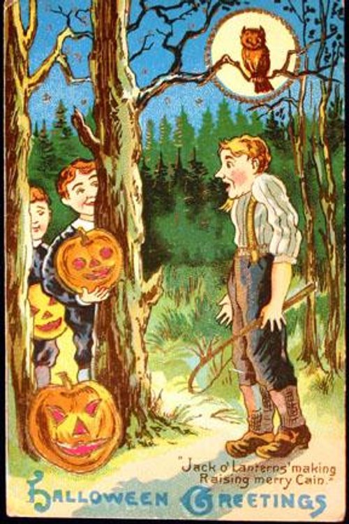 Vintage Halloween Greeting Card Jack O'Lanterns Forest Owl