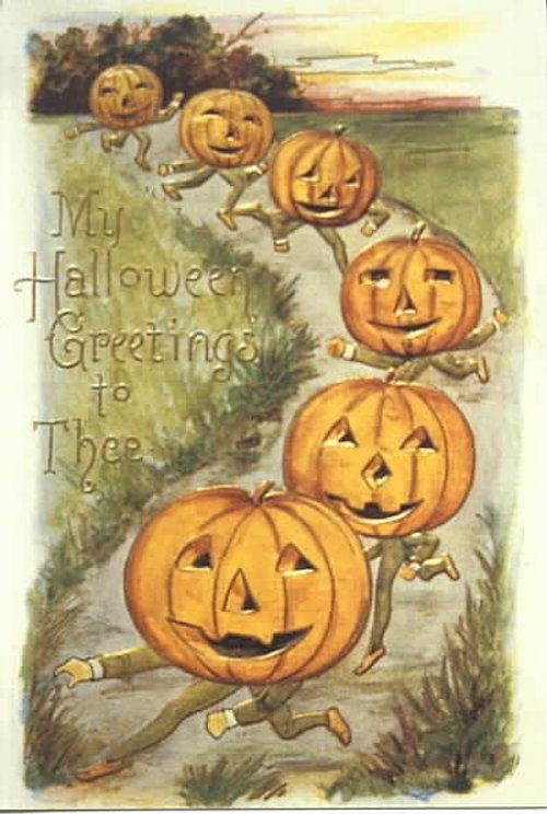 Vintage Halloween Greeting Card with Jack-O'-Lantern Characters