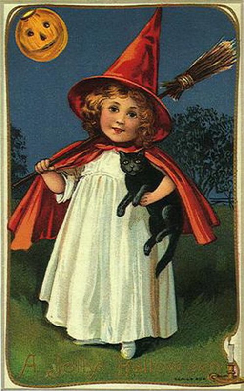 Vintage Halloween Witch Card with Black Cat & Broomstick