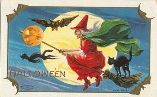 Vintage Halloween Witch Broomstick Moon Greeting Card