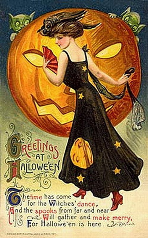 Vintage Halloween Witch Greeting Card, Early 1900s Art Nouveau