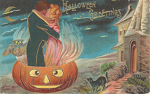 Victorian Halloween Greetings Romantic Couple Pumpkin Postcard