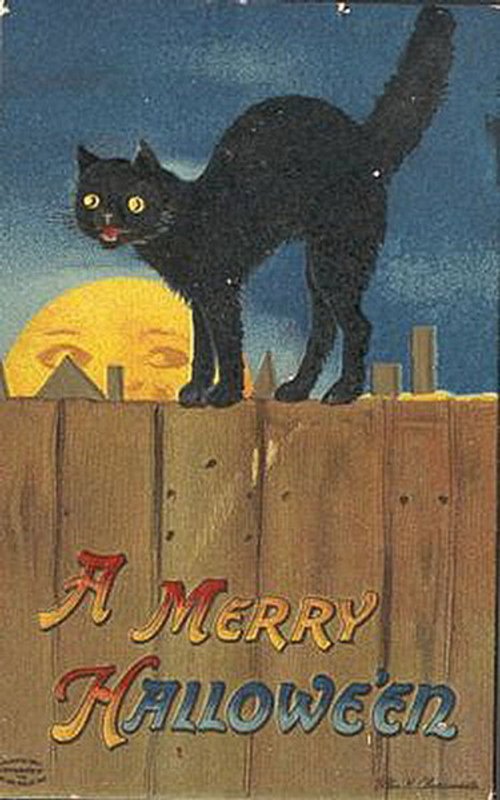 Vintage Halloween Greeting Card Black Cat Fence Moon