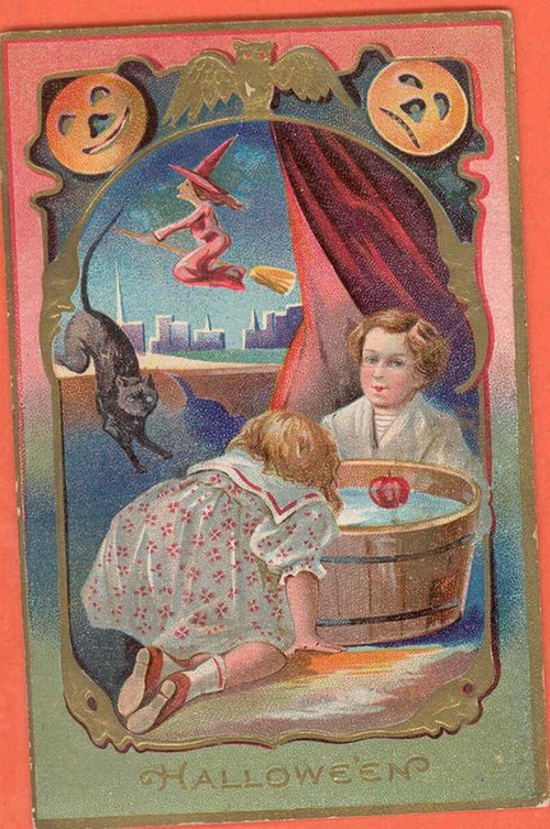 Vintage Halloween Greeting Card with Witch and Jack-o'-Lanterns