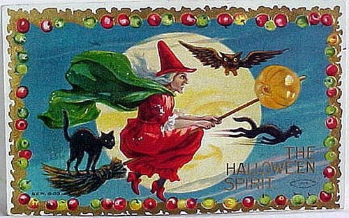 Vintage Halloween Greeting Card Witch Flying Broomstick 1900s