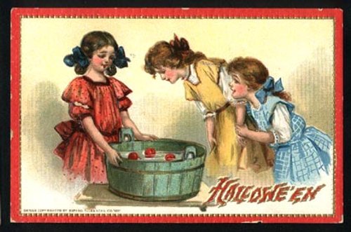 Vintage Hallowe'en Apple Bobbing Card, Children in Period Clothing
