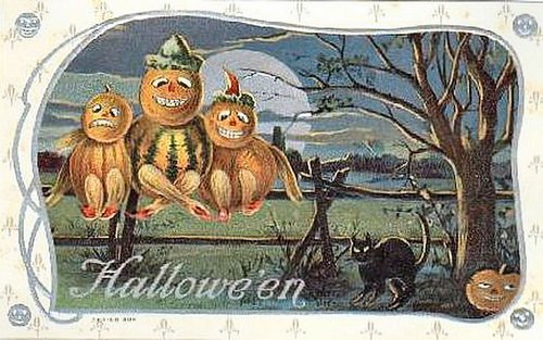 Vintage Halloween Greeting Card with Anthropomorphic Pumpkins