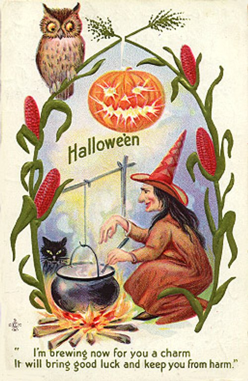 Vintage Halloween Greeting Card with Witch, Owl & Cauldron