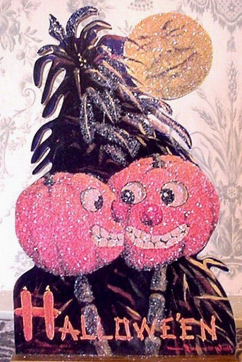 Vintage Halloween Greeting Card with Smiling Pumpkins