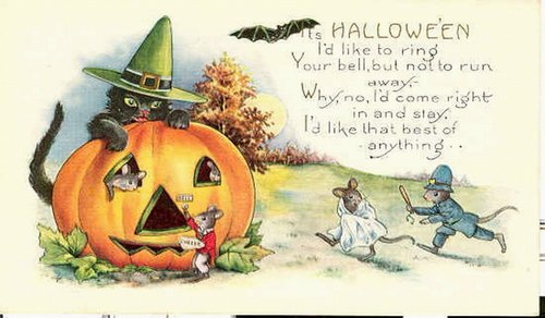 Vintage Halloween Greeting Card with Witch & Jack-O'-Lantern
