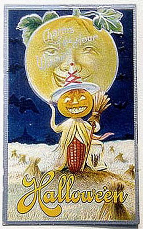 Vintage Halloween Greeting Card with Moon Face & Jack-O'-Lantern Corn Figure