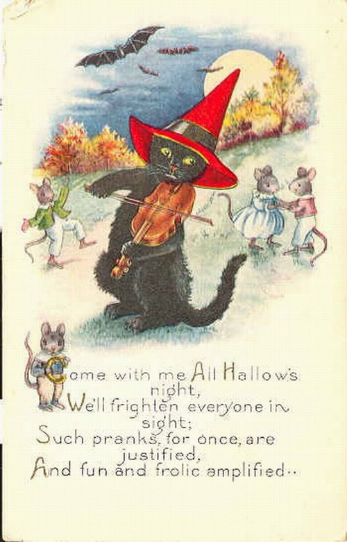 Vintage Halloween Greeting Card with Witch Cat & Dancing Mice