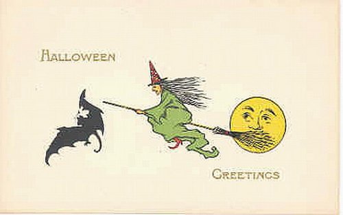 Vintage Halloween Greeting Card with Witch, Bat & Moon
