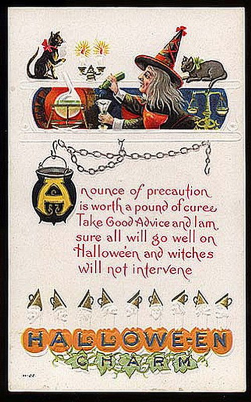 Vintage Halloween Greeting Card with Witch and Black Cat