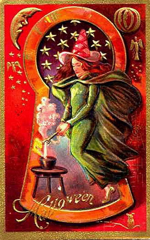 Vintage Halloween Witch Greeting Card, Victorian Era Magic