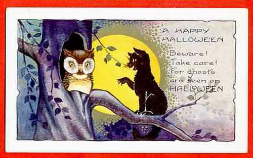 Vintage Halloween Greeting Card with Owl and Black Cat Moon