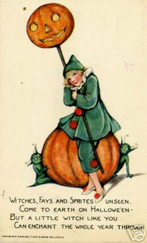 Vintage Halloween Witch Greeting Card with Pumpkin and Sprites