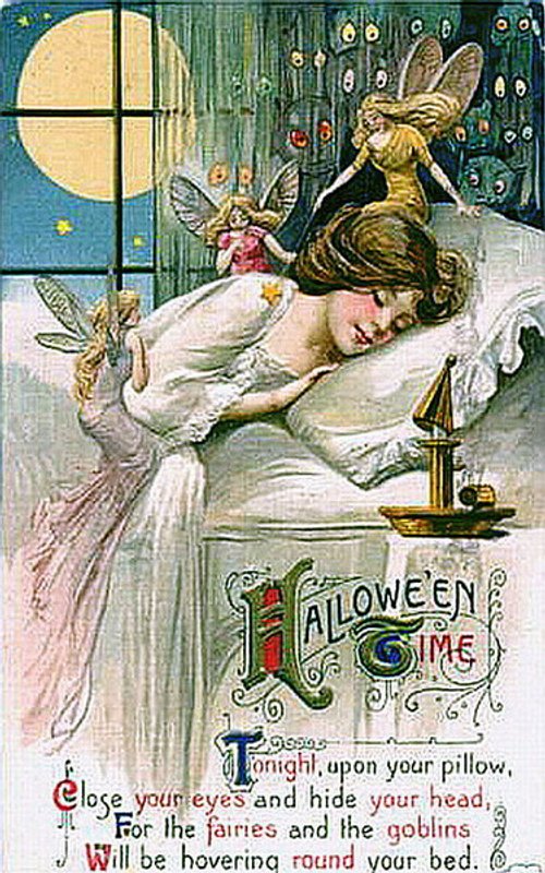 Vintage Halloween Greeting Card with Fairies and Goblins, Early 1900s