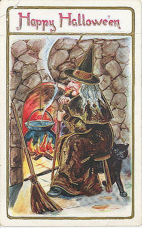 Vintage Victorian Halloween Greeting Card with Witch and Cauldron