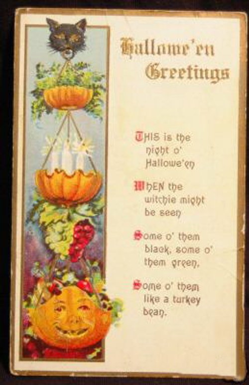 Vintage Halloween Greetings Card Black Cat Pumpkin Victorian