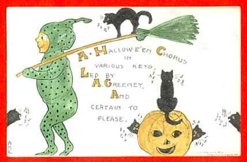 Vintage Halloween Greeting Card - Witch & Jack O'Lantern Art