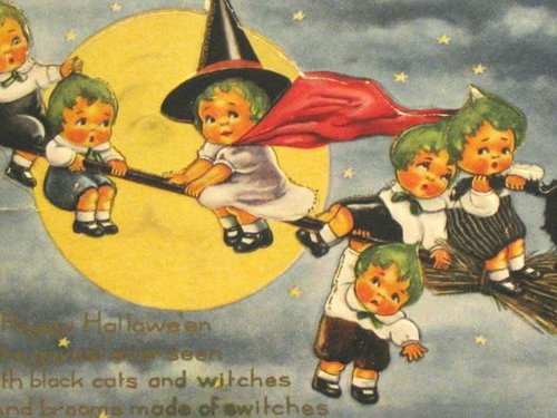 Vintage Halloween Greeting Card with Witch Child and Flying Broomstick