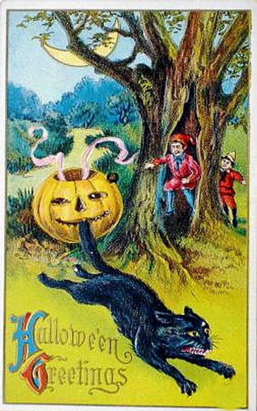 Victorian Halloween Greeting Card with Black Cat & Jack O'Lantern