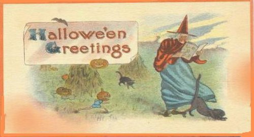 Vintage Halloween Greetings Card with Witch & Pumpkins Early 1900s
