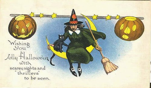 Vintage Halloween Greeting Card with Witch and Jack-O'-Lanterns