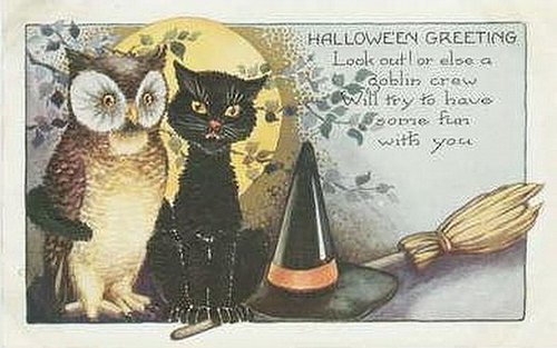 Vintage Halloween Greeting Card with Black Cat & Owl