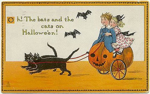 Vintage Halloween Greeting Card: Bat Cat Pumpkin Carriage 1900s