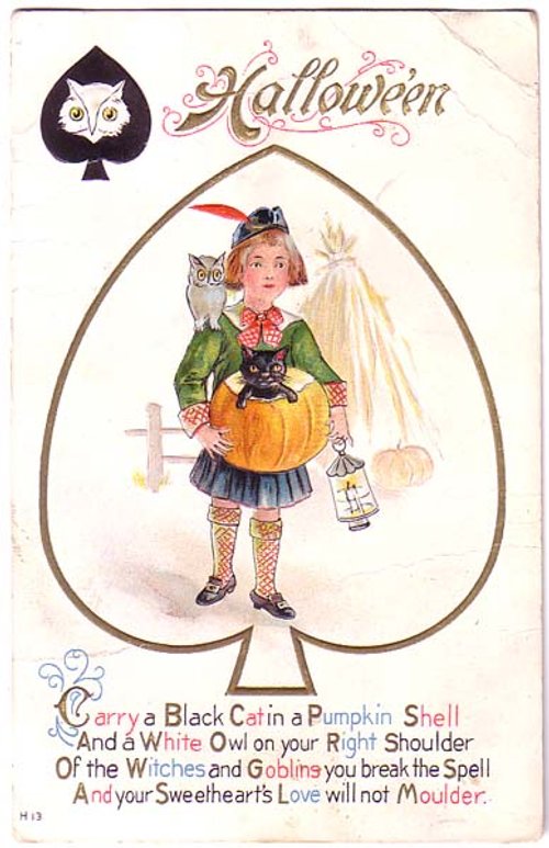 Vintage Halloween Greeting Card with Girl & Black Cat