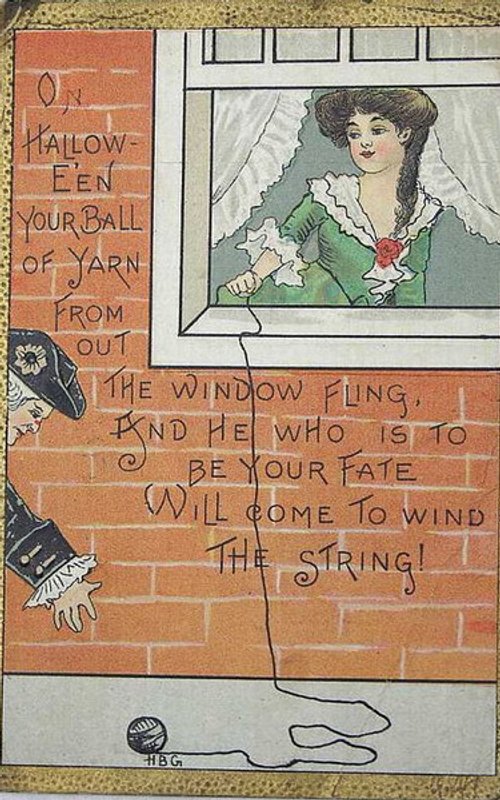 Edwardian Halloween: Woman at Window with Yarn Ball - Romantic Fate Card