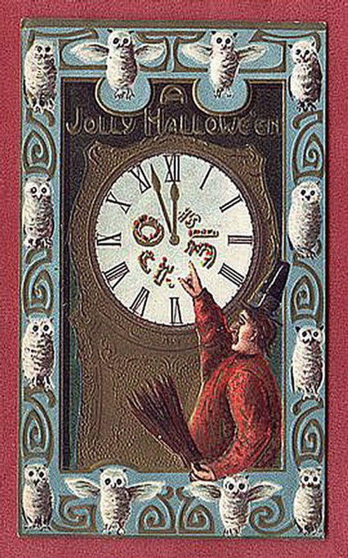 Victorian A Jolly Halloween Clock & Owls Greeting Card